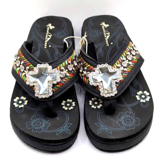 NWT Montana West Black Jeweled Cross Decor Bling Sandals - Size 7 - Picture 3 of 14